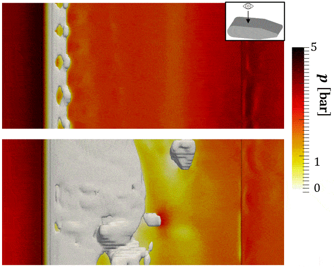Fig. 1: Top view of cavitating flow around a hydroprofile for sheet and cloud cavitation simulations.