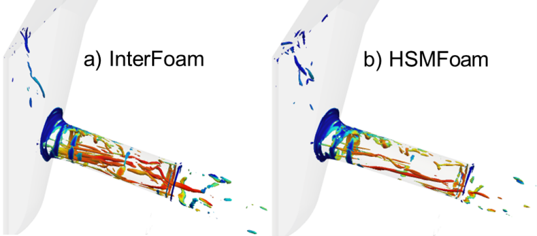 <b>Figure 1: </b>Vortices by isosurfaces of 𝑄-criterion (𝑄 = 4.0e13 s−2) colored by magnitude of velocity (‖𝒖‖ ∈ [0, 600] m∕s) using a) InterFoam and b) In-house HSMFoam solver.