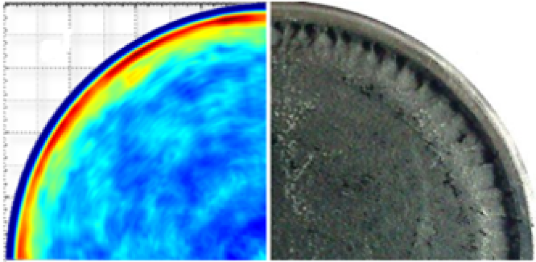 Kavitationserosion an einem Sonotrodenkopf: Vergleich Experiment & Simulation